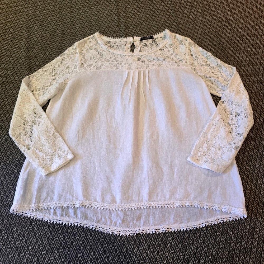 Lungo L'Arno Italy White 100% Linen Lace Sleeve Pleated Blouse Top Small 88633